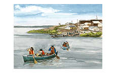 Illustration of canoes leaving shore